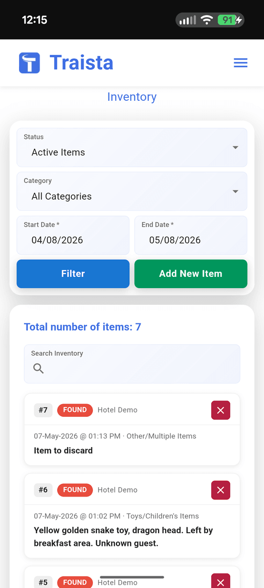 Traista inventory on mobile
