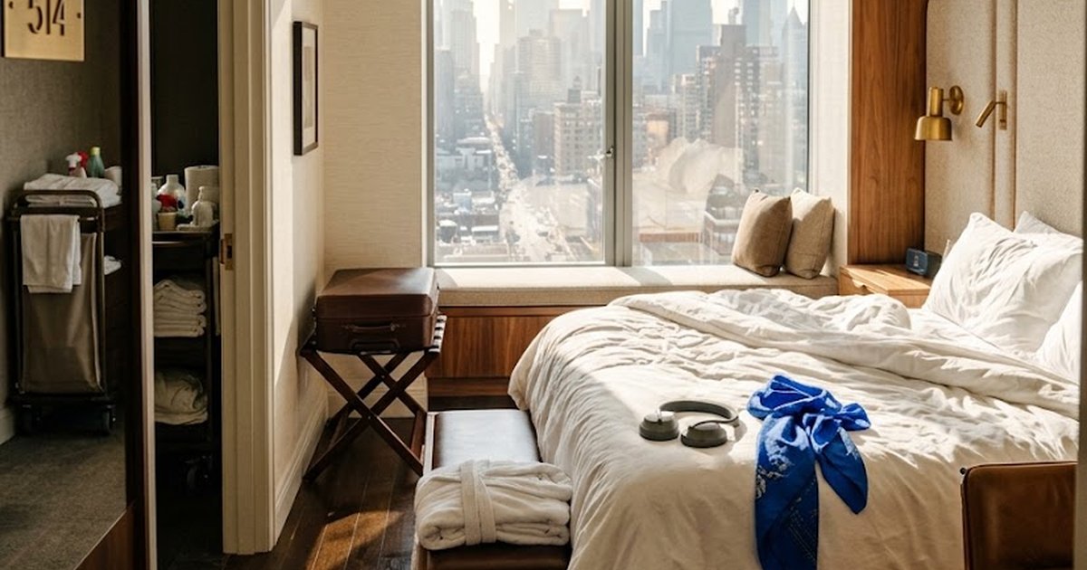 Sunlit hotel suite after checkout with a robe, room-service tray and key card left behind