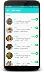 Found pets Traista app list view